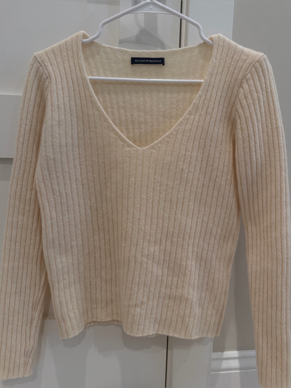 Brandy Melville Ivory Ribbed V-Neck Sweater
